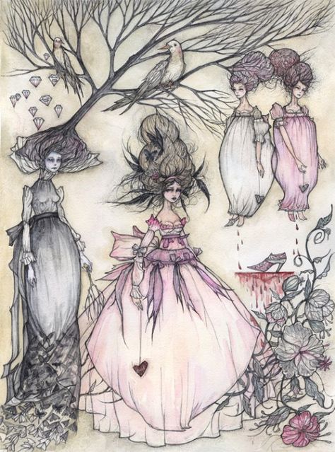 Gothic Cinderella Gebrüder Grimm, Arte Peculiar, Ink And Watercolor, Ethereal Art, The Wings, Hand Art, Grimm, Fantasy Artwork, Portrait Drawing