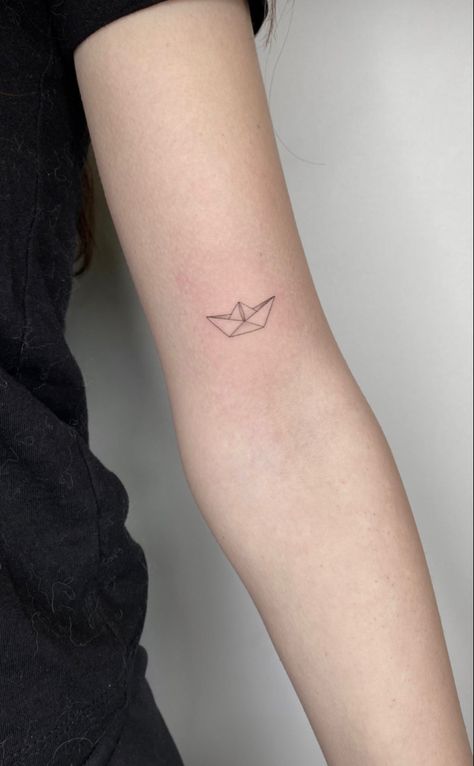 Minimal Boat Tattoo, Origami Boat Tattoo, Boat Tattoo For Women, Small Boat Tattoo, Paper Boat Tattoo, Boats Tattoo, Ems Tattoos, Sailboat Tattoo, Boat Tattoo