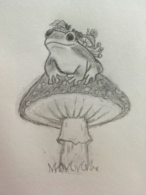 Frog On A Mushroom Drawing, A Mushroom Drawing, Frog On A Mushroom, Animal Sketches Easy, Frog Sketch, Diy Canvas Art Easy, Markers Drawing Ideas, Mushroom Drawing, Frog Drawing