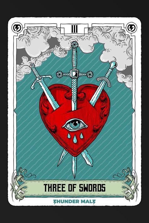 Three of Swords tarot card design which is printed onto t-shirts hoodies and more. Heart Tarot Card, Tattoo Tarot Cards, Tarot Three Of Swords, Tattoo Tarot Card, Three Of Swords Tarot, Swords Design, Three Of Swords, Spreads Tarot, Tarot Card Tattoo