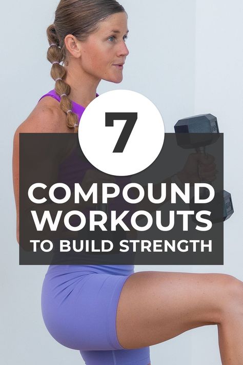 Challenge your total body strength and endurance with seven of the best full body compound workouts for women. Compound workouts engage multiple muscle groups at once. This functional style of training is perfect for anyone with a busy schedule. Train every major muscle group in at home with just a set of dumbbells. At Home Compound Workouts, Compound Lifts For Women, Compound Movements Workouts For Women, Compound Exercises Full Body Workout Routines, Compound Movements Weight Training, Women Build Muscle, Compound Workouts, Diastis Recti, Compound Workout