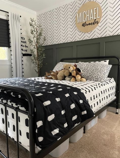 Black Metal Bed Boys Room, Full Size Bed Boys Room, Boys Black And White Room, Boys Full Size Bed Ideas, Boys Room Queen Bed, Toddler Green Bedroom, Farmhouse Toddler Boy Room, Boys Room Black Bed, Olive Green Boys Room