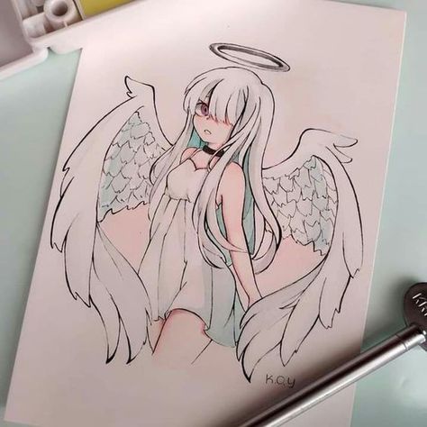 Angel Girl, A Drawing, Koi, Halo, Pen, Angel, Drawings, Wall, Anime