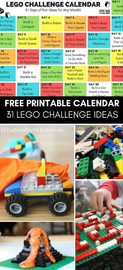 Printable LEGO Challenges for Kids | Little Bins for Little Hands Lego Learning Activities, Lego Challenges For Kids, Lego Stem Challenge, Lego Calendar, Lego Learning, Challenges For Kids, Challenge Calendar, Printable Lego, Lego Advent Calendar