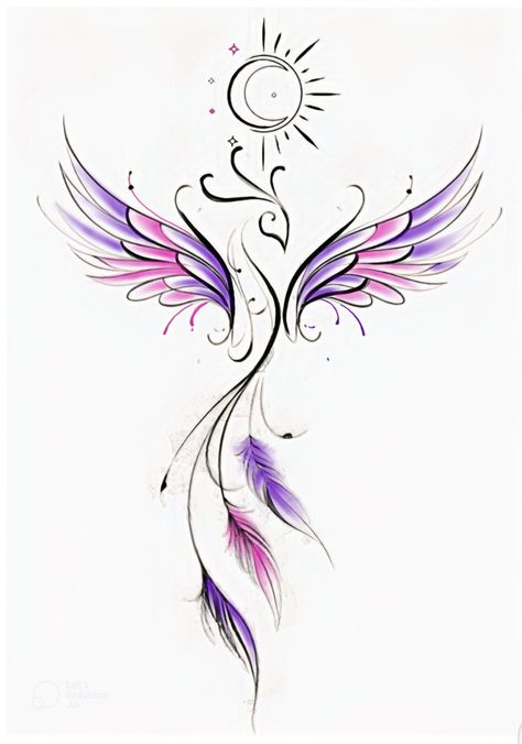 Phenix Tattoo Design Simple, Tattoo Ideas Fenix Beautiful, Sylph Tattoo, Phoenix Tattoo Feminine Thigh, Phoenix With Moon Tattoo, Phoenix Fairy Tattoo, Whimsical Phoenix Tattoo, Phoenix Back Tattoo, Tato Phoenix