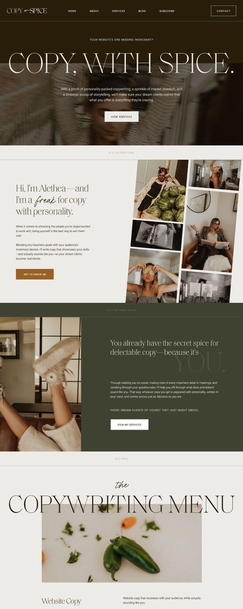 Want to incorporate a boho style in your website while still looking professional? Take a look at this copywriter website design, where we used an earthy color palette and more editorial, high-end design choices like font pairings and big banner images to create a grounded, high-end website for Copy with Spice! Best Websites For Graphic Designers, Copywriting Website Design, Olive Green Website Design, Marble Website Design, Earthy Website Color Scheme, Magazine Style Website Design, Website Branding Colors, Tutor Website Design, Graphic Design Website Layout