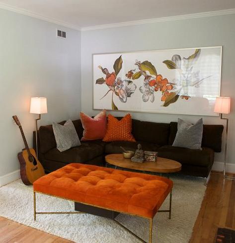 Orange Ottoman, Burnt Orange Living Room, Living Room Brown, Brown Living Room Decor, Brown Couch Living Room, Room Brown, Couch With Ottoman, Brown Couch, Living Room Orange