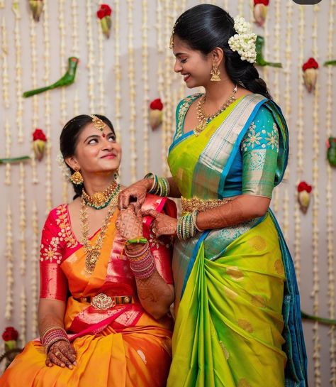 Saree Function Photoshoot, Half Saree Function Photoshoot Poses, Half Saree Ceremony Stills, Half Saree Stills Indoor, Function Poses, Girls Saree, Bestie Poses, Basic Blouse Designs, Saree Pose