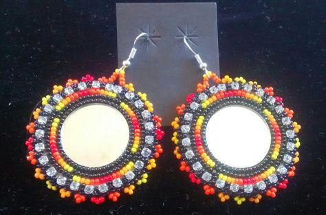 Beaded earrings with mirror center and rhinestone strip $40 p/s Mirror Beaded Earrings, Mirror Earrings, Medallion Earrings, Beadwork Ideas, Native Earrings, Beaded Mirror, Native Beading, Beaded Stuff, Beaded Earrings Native