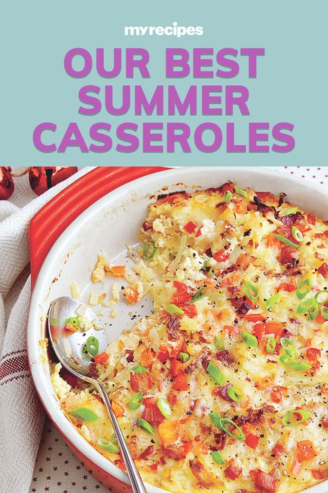 This summer, put together a quick and easy meal for your family and friends by using just one dish. These casseroles bring a great seasonal flavor and a flair of summer adventure!#summerrecipes #summerdishes #recipes #summerfood #summerrecipeideas Summer Vegetable Casserole Recipes, Healthy Light Summer Meals, Cookout Casseroles, Summer Entrees For A Crowd, Grilled Casserole Recipes, Summer Potluck Main Dish, Southern Living Recipes Summer, Summer Food Dinner Main Dishes, End Of Summer Meal Ideas