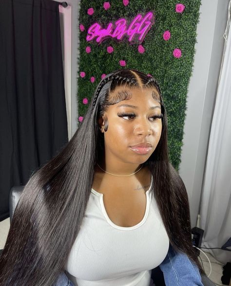 Frontal Hairstyles For Straight Hair, French Braid Lace Front Wig, Styles For Straight Frontal Wigs, Lacefront Wig Styles Straight, Styles With Straight Wig, Straight Wig Hairstyles Ideas, Straight Lace Hairstyles, Straight Lace Front Wigs Styles, Straight Wig Styles