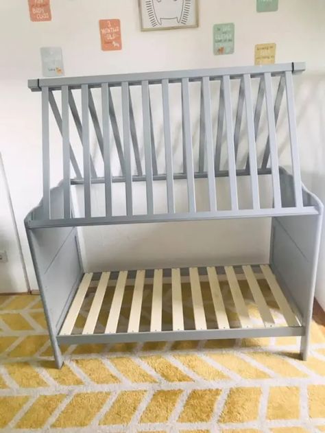 Savvy mum transforms son's old cot into epic play tent in two hours - and it didn't cost her a penny | The Sun Turn Crib Into Toddler Bed, Cot Bed Ideas, Bedroom With Crib And Bed, Crib Mattress Reading Nook, Cot Decor, Repurposed Crib, Crib Tent, Old Baby Cribs, Diy Toddler Bed