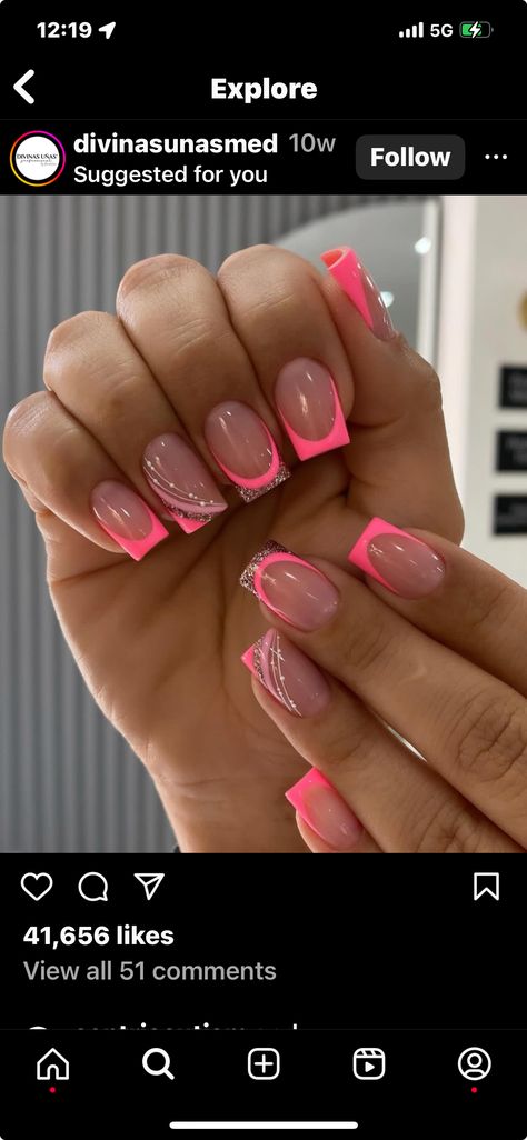 Square Acrylic Nails Hot Pink, Pink Acrylic Nails French, Acrylic Nails Hot Pink, Hot Pink Acrylic Nails, Pink French Nails, French Top, Hot Pink Glitter, French Tip Acrylic Nails, Pink French