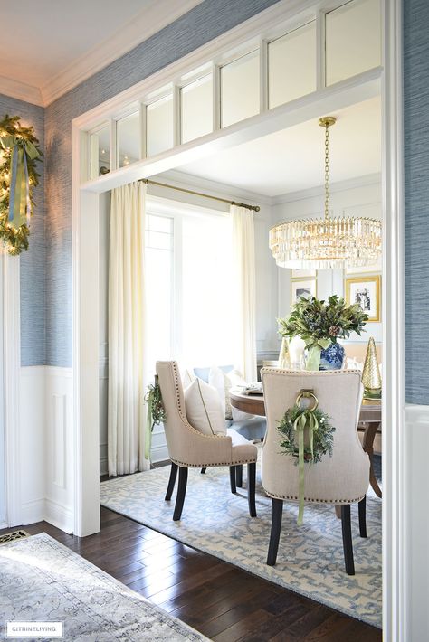 Green And Blue Dining Room Decor, Dining Room Elegant Luxury, Soft Blue Dining Room, Blue Molding Wall, Blue Dining Room Christmas Decor, Blue And Cream Dining Room, Green Blue Dining Room, Blue Coastal Dining Room, Light Blue Dining Room Ideas