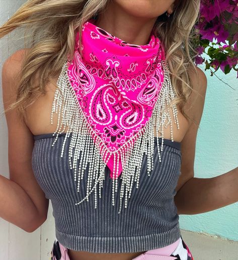 Pair this rhinestone fringe bandana with your favorite flannel, cowgirl hat, cowboy hat or bachelorette shirts for a Nashville Bachelorette party. The perfect accessory to complete your space cowgirl or disco outfit ! These fun bandanas are the perfect gift to add to a bridesmaid proposal box, bridesmaid gifts box, bachelorette favors, 21st birthday gift for her, concert outfit ideas or bridesmaid proposal ideas Fringe Shirt Outfit, Rhinestone Cowgirl Bachelorette, Pink Bachelorette Party Outfit, Rhinestone Cowgirl Outfits, Rhinestone Fringe Bandana, Nashville 21st Birthday, Cowgirl Bachelorette Party Favors, Cowboy Hat Hair, Fringe Bandana