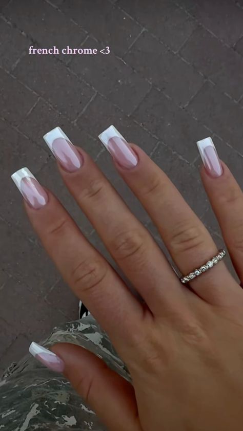 French Tip Nails With Pearl Chrome, Coffin French Tip With Chrome, Vanilla Chrome Heart Tips, French Nails Chrome Square, Square Chrome Nails French Tip, Chrome White Nails French Tip, Simple Classy Nails Square, French With Sparkle Nails, French Tip Chrome Acrylic Nails