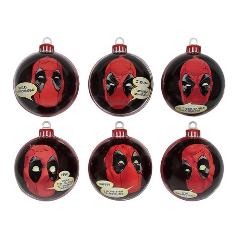 Preorder: Due to ship 30th November 2016 Time for your Christmas tree to get some attitude. With this Official Marvel Deadpool Bauble pack you can get the face of the reckless, fun-loving mercenary Deadpool on 6 baubles, with a range of wacky phrases, and the design also features a graphic interpretation of Deadpool’s mask on the back of … Geeky Christmas Decorations, Marvel Christmas Tree, Deadpool Gifts, Deadpool Christmas, Marvel Christmas, Baubles Christmas, Gaming Merchandise, Acrylic Craft Paint, Xmas Tree Decorations