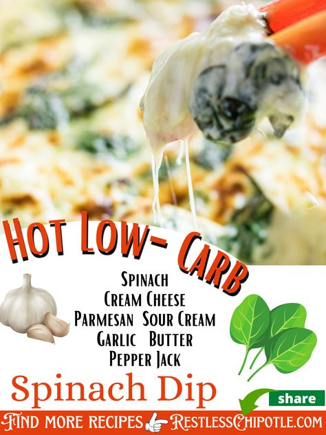 Low Carb Spinach Dip, Keto Spinach Dip, Keto Spinach, Restless Chipotle, Keto Appetizers, Low Carb Snack, Cream Cheese Dips, Gooey Cheese, Spinach Dip