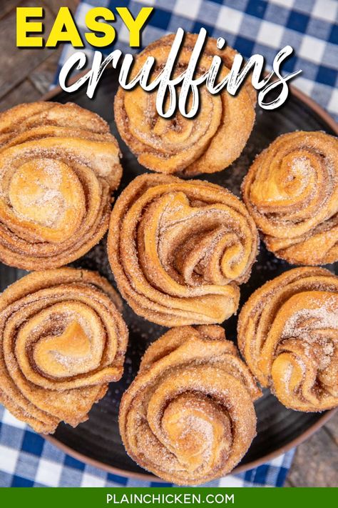 Easy Cruffins Recipe - buttery flaky pastries that are perfect for breakfast, brunch, and dessert. Effortless to make and they taste AMAZING! Only 4 ingredients! Crescent roll dough topped with butter and cinnamon sugar and baked in a muffin pan. Roll the hot muffins in more cinnamon sugar and prepare to be wowed! Cruffins With Crescent Rolls, Easy Cruffins, Cruffins Recipe, Cinnamon Crescents, Plain Chicken Recipe, Cruffin Recipe, Biscuit Cinnamon Rolls, Pillsbury Biscuits, Plain Chicken