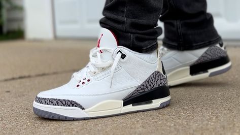 Jordan used the same design and specs as the original 1988 Jordan 3 silhouette to help craft the second model of the Reimagined series. The Air Jordan 3 Retro White Cement is constructed with a white leather upper, and off-white colored midsoles and heel tabs, helping to give the sneaker a vintage design. Jordan 3 White Cement Outfit, White Cement Reimagined, White Cement, Jordan 3 Retro, Air Jordan 3 Retro, Air Jordan 3, Jordan 3, Off White Color, Mens Basketball