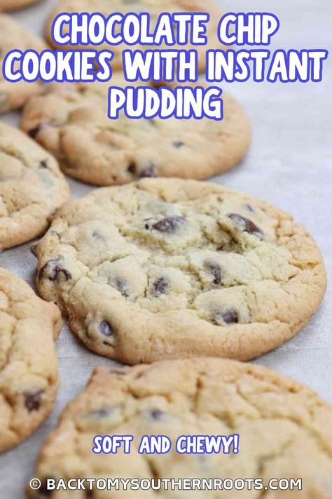 Chocolate chip cookies with pudding are an easy recipe to make with pantry items. The pudding powder makes the cookies soft and chewy and adds a subtle chocolate flavor. Chocolate Chip Cookies With Pudding, Chocolate Chip Cookie Recipe With Pudding, Cookies With Pudding, Cookies Soft And Chewy, Pudding Cookies Recipes, Chocolate Chip Pudding, Chocolate Chip Pudding Cookies, Chocolate Pudding Recipes, Cookies Soft