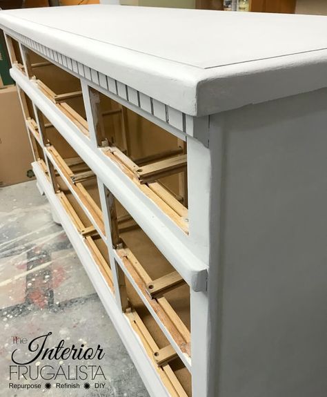 Farmhouse Dresser Grey Base Coat Gray Painted Dresser Ideas, White Washed Dresser Diy, 9 Drawer Dresser Makeover, Grey And White Dresser, White Antique Dresser, Grey Painted Dresser, Gray Dresser Makeover, Refinished Dresser Diy, White Painted Dressers