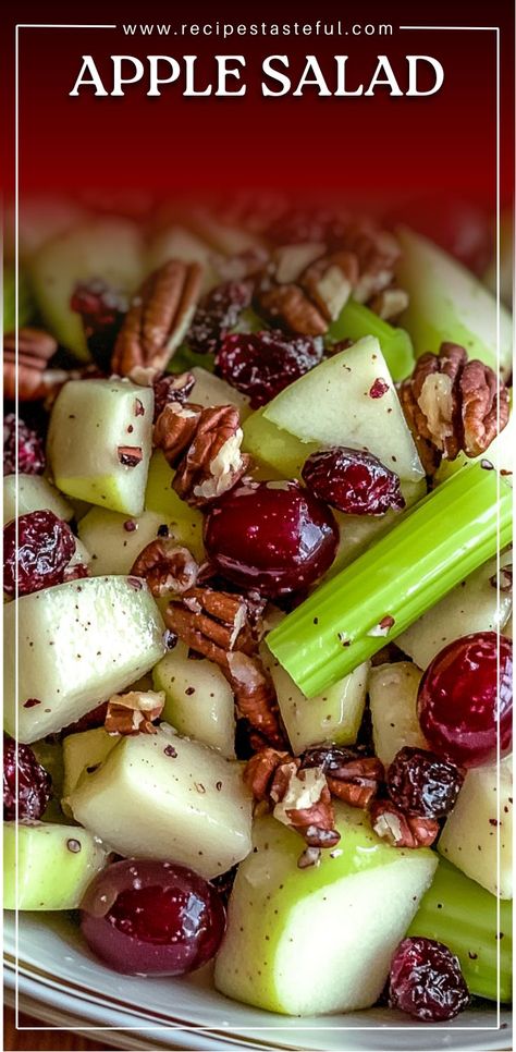 This vibrant Apple Salad combines the crispness of Honeycrisp apples, the crunch of celery, sweet grapes, toasted pecans, and tangy dried cranberries, all enveloped in a creamy dressing. Perfect as a refreshing side dish or light lunch, it’s a delightful way to enjoy the flavors of autumn. Salad With Granny Smith Apples, Apple Craisin Salad, Apple Celery Walnut Salad, Apple Sides For Pork, Apple Cranberry Pecan Salad, Apple Crisp Salad, Apple Grape Salad Recipe, Apple Salad Recipe Easy, Xmas Side Dishes