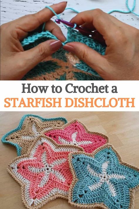 Learn how to crochet a Starfish dishcloth. In this step-by-step video tutorial, I will show you how to crochet this beautiful Starfish dishcloth. This video tutorial is an intermediate pattern but I think if you follow along even a beginner crocheter may be able to complete this starfish dishcloth.rnThe pattern calls for several double crochet decreases. I will take you to stitch by stitch in each pattern repeat. The pattern repeats for each point of the starfish. Fishing Aesthetic, Crochet Starfish, Crochet Pot Holders Free Pattern, Crochet Scrubbies, Double Crochet Decrease, Crochet Christmas Gifts, Dishcloth Crochet Pattern, Washcloth Pattern, Chunky Knitting Patterns