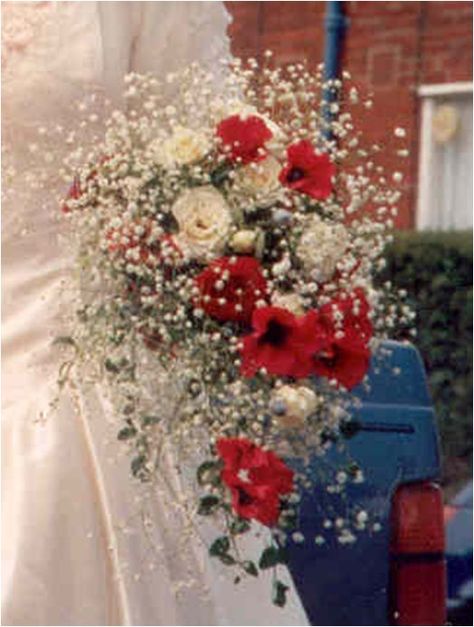 Tori - red poppies, white roses and lots of gyp wedding bouquet Red Poppy Bouquet Wedding, Poppy Flower Wedding Bouquet, Poppy Bridal Bouquet, Poppy Wedding Bouquet, Poppy Wedding, White Rose Wedding Bouquet, Red Bridal Bouquet, Poppy Bouquet, White Rose Bouquet