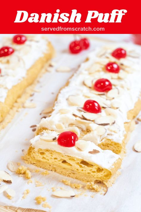 This Danish Puff Pastry is a cherished family recipe that my husband has been perfecting for decades! Made with an easy shortcrust, airy choux, and topped with a sweet thick frosting, almonds, and cherries, this puff pastry recipe is an instant hit wherever we bring it! Danish Puff, Street Corn Salad, New Years Appetizers, Mexican Street Corn Salad, How To Make Frosting, Mexican Street Food, Vegetarian Desserts, Pastry Recipe, Danish Pastry