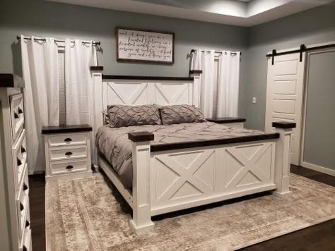 Mobile Home Remodel Bedroom, White Farmhouse Bedroom Furniture, Western King Bed Frame, White Wooden Bed Frame Bedroom Ideas, Western Bed Frames, Southern Apartment Decor, Wood Bed Frame Bedroom Ideas, Neutral Master Bedrooms Decor, Antique Wood Bed Frame