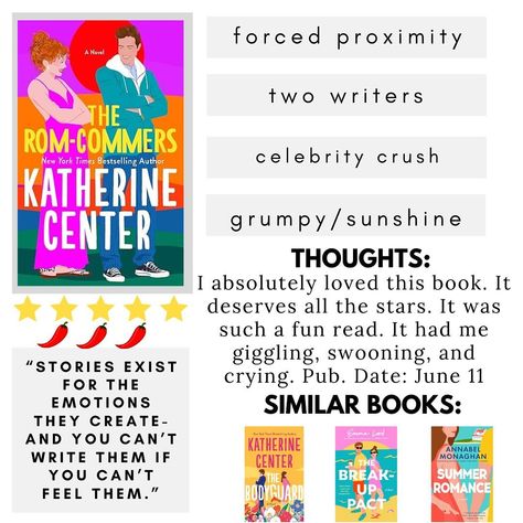 . 𝐑𝐄𝐕𝐈𝐄𝐖 The Rom-Commers Katherine Center This was my first book by Katherine Center and it did not disappoint! I was obsessed with it. It was one of those books that had me itching to pick it up every spare second I got. This book had me giggling, swooning, & crying. You know a book is good, when you feel all the emotions. I thoroughly enjoyed Emma and Charlie together. I loved his gruff swagger and her quirky spunk. They had some great playful banter and swoony moments. This book was so w... The Rom Commers, The Rom Commers Katherine Center, Katherine Center, Book Recs, Bestselling Author, Celebrity Crush, I Love Him, A Book, Love Him