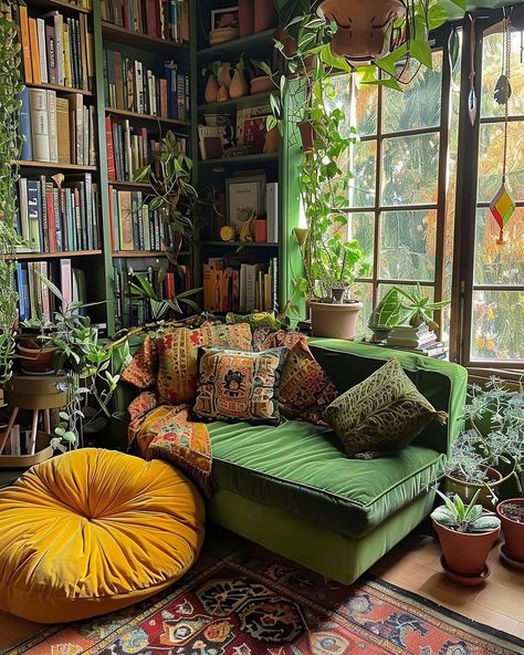 Green Couch Library, Warm Maximalism, Green Reading Room, Library Corner Living Room, Cozy Conservatory, Green Aesthetic House, Green Library Room, Snug Room Ideas, Cozy Libraries