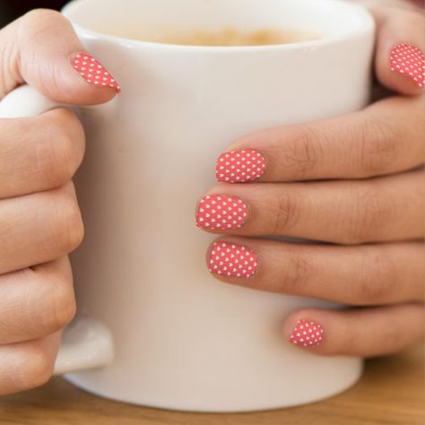 Mini White Hearts on Coral Minx Nail Wraps Pink Polka Dot Nails, Wedding Nail Polish, Polka Dot Nail Art, Festa Harry Potter, Gel Nails At Home, Dot Nail Art, Minx Nails, Polka Dot Nails, Pink Nail Art