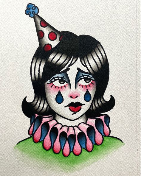 Circus Flash Tattoo, Rodeo Clown Tattoo, Clown Flash Tattoo, Girl Clown Drawing, Clown Tattoo Traditional, Vintage Clown Tattoo, Clown Girl Drawing, American Traditional Clown, Clown Flash