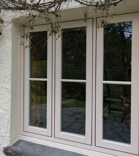 Coloured Windows, Extension Windows, Window Railing, Barn Windows, Exterior Windows, Cottage Extension, Cottage Windows, Front Door Styles, Cottage Door