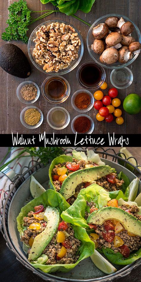 Walnut Mushroom Lettuce Wraps @Rawmazing.com Mushroom Lettuce Wraps, Raw Vegan Dinners, Wraps Vegan, Vegan Lettuce Wraps, Taco Lettuce Wraps, Raw Vegan Diet, Vegan Wraps, Raw Diet, Raw Food Diet