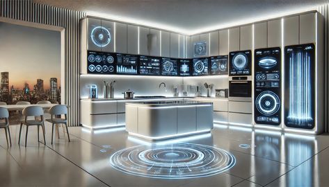 An Image depicting the kitchen and a luxurious living room of future. Modern Sci Fi, Moodboard Portfolio, Futuristic Kitchen, Kitchen Moodboard, Game Booth, Kitchen Mood Board, Themed Kitchen, Futuristic Background, Realistic Art