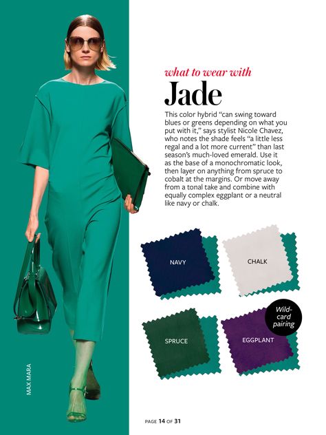 InStyle Color Crash Course-Jade green, navy blue, white, spruce green, eggplant purple Jade Green Outfit Color Combos, Jade Green Outfit, Instyle Color Crash Course, Jade Outfits, Jade Green Dress, Green Eggplant, Jade Green Color, White Spruce, Colour Combinations Fashion