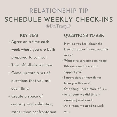 Dr. Tracy Dalgleish on Instagram: “Tell me in the comments below. Do you and your partner have weekly check ins? Do you schedule a meeting to check in with each other? One…” Relationship Lessons, Relationship Therapy, Relationship Psychology, Couples Counseling, Healthy Relationship Tips, Healthy Marriage, Emotional Awareness, Couples Therapy, Relationship Help