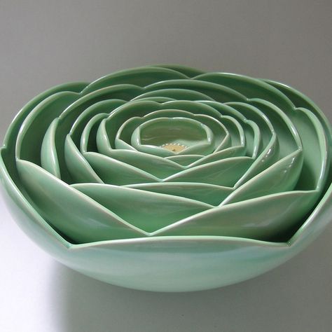 Whitney Smith, Lotus Bowls, Ceramic Techniques, Flower Bowl, Nesting Bowls, Aqua Turquoise, Porcelain Bowl, Pottery Studio, Ceramic Flowers