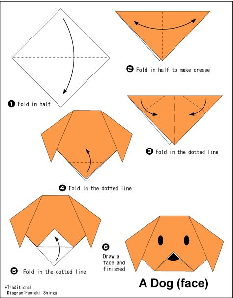 Dog(face) - Easy Origami For Kids Origami Návody, Origami Dog Face, Origami Kutu, Origami Instructions For Kids, Dragon Origami, Origami Guide, Easy Origami Animals, Origami Dog, Easy Origami For Kids