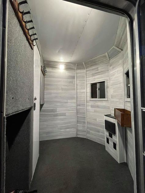 Diy Horse Trailer Tack Room, Horse Trailer Tack Room Conversion, Horse Trailer Storage Ideas, Trailer Tack Room Ideas, Horse Trailer Tack Room, Trailer Tack Room, Tack Organization, Horse Trailer Interior Remodel, Grooming Trailer