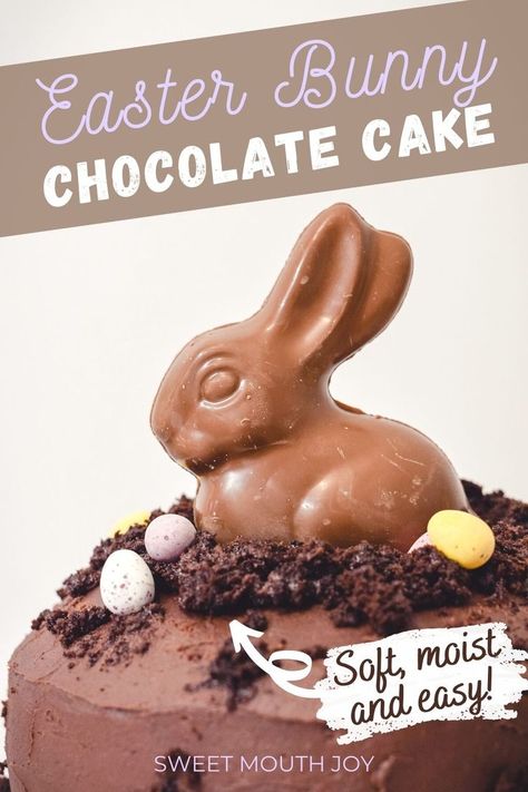 Chocolate Easter bunny cake with a chocolate bunny topper on a muddy chocolate cake with mini eggs decorating it Chocolate Bunny Cake, Chocolate Sponge Cake Recipe, Easter Bake, Easter Bunny Chocolate, Chocolate Easter Cake, Bunny Chocolate, Easy Easter Desserts, Chocolate Mud Cake, Easter Bunny Cake