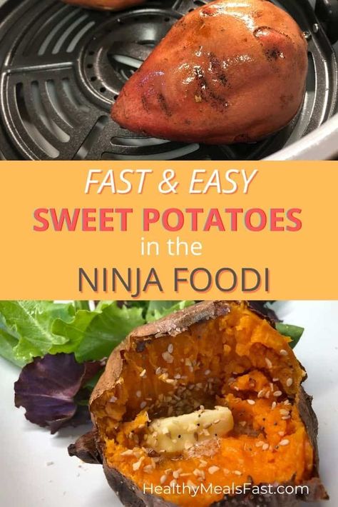 Sweet potatoes in the Ninja Foodi bake up fast and easy. And I’ll share two different ways below to get perfectly fluffy potatoes in no time! Ninja Foodi Grill Recipes, Grill Potatoes, Pressure Cooker Sweet Potatoes, Grilled Baked Potatoes, Air Fryer Sweet Potatoes, Pressure Cooker Recipes Healthy, Recipes Sweet Potato, Ninja Foodi Grill, Ninja Cooking System Recipes