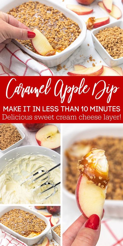 4 Ingredient Caramel Apple Dip – Full of Fall Flavors In Each Bite! Caramel Apple Dip Cream Cheese Toffee Bits, Makeahead Party Food, Apple And Caramel Dip, What To Make With Caramel Sauce, Tastefully Simple Dip Recipes, Thanksgiving What To Bring, Carmel Fruit Dip Recipe, Fall Apple Dip Recipes, Fall Work Events