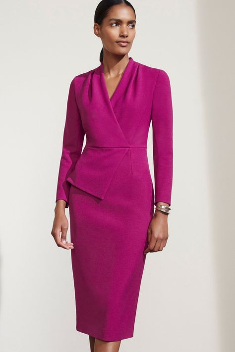 Hathaway Dress Magenta Sculpt Stretch Crepe The Fold London, Winter Workwear, Corporate Dress, Stylish Work Attire, Power Dressing, Long Sleeve Dresses, Classy Work Outfits, The Fold, London Dresses