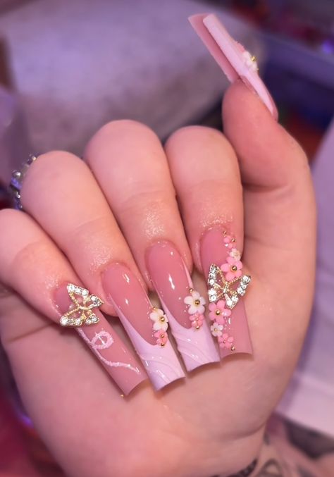 Cute Pink Quinceanera Nails, Xv Pink Nails, Pink Xv Nails, Quinceanera Nails Pink, Quince Nails Pink, Pink Quince Nails, Pink Quince Nails With Butterflies, Pink Flower Quince Nails, Long Acrylic Nails 3d Flower Pink