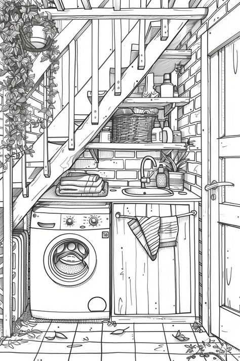 Step into a cozy corner of home life with this charming coloring page for adults! Featuring a small laundry area with a washing machine tucked neatly under the stairs, this illustration invites you to add your favorite colors to the intricate details of home comfort. Perfect for relaxation and creativity, download and print this page for hours of soothing coloring enjoyment! 🧺🎨🏠 #ColoringPage #LaundryRoom #WashingMachine #UnderTheStairs #Printable #AdultColoring #HomeComfort #ColoringFun #Creati Cute Apartment Drawing, Coloring Pages Cozy, Washing Machine Drawing, Interior Coloring Pages, Cozy Coloring Pages, Kids Morning Routine, Small Laundry Area, Colouring Pages For Adults, Checklist For Kids