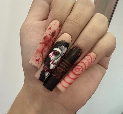 Jig Saw Nails, Horror Themed Nails, Jigsaw Nails, Saw Nails, Ongles Halloween, Horror Nails, Long Acrylic, Nails 2023, Nails Fall